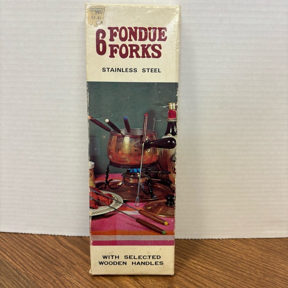 Vintage New Fondue Forks Set If 6 In Box Teak Handles Retro Kitchen Stainless - Picture 1 of 4